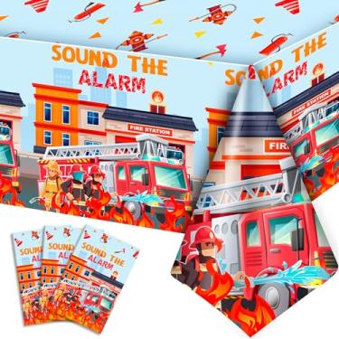 Imagem de 3 peças de toalha de mesa de aniversário de caminhão de bombeiros, 137 x 271 cm, conjunto de toalha de mesa de festa de bombeiros para decoração de aniversário de caminhão de bombeiros