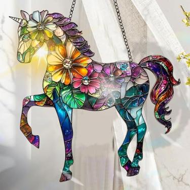 Imagem de Acrílico colorido Suncatcher, decoração de janela pendurada com cavalo com design de vitral impresso, apanhador de sol, arte de parede de arco-íris, ornamentos de Natal para uso interno e externo 19,8
