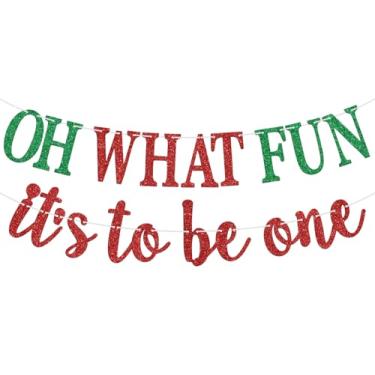 Imagem de Oh What Fun It's to be One Banner, It's Snow Fun To Be One Sign, Xmas Christmas Winter First Birthday 1st Bday Party Decorations Supplies for Girl Boy, Red Glitter