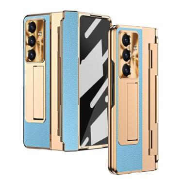 Imagem de Para Samsung Galaxy Z Fold 7 6 5 4 5g com película protetora de tela de vidro, couro de luxo, revestimento em uma peça, dobradiça, capa à prova de choque (para Galaxy Z Fold 3/azul dourado)
