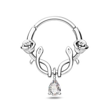 Imagem de CM Crareesi Mania Anéis de septo pendurados, joia de piercing de septo rosa 16G, argola de nariz de septo de aço cirúrgico 316L para mulheres, joias de piercing de cartilagem de hélice, Metal