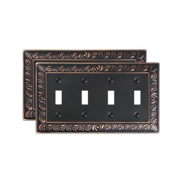 Imagem de TREEWELL Pacote com 2 placas de cobertura para interruptor de luz quádrupla, 4 capas de placa de interruptor de metal, placas decorativas de parede com padrão paisley, resistente à corrosão, bronze