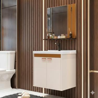 Imagem de Gabinete para Banheiro com Espelheira Prateleira e Cuba Branca, Conjunto Completo MDP 2 Portas, Balcão com Espelho e Pia Integrada (Off White)