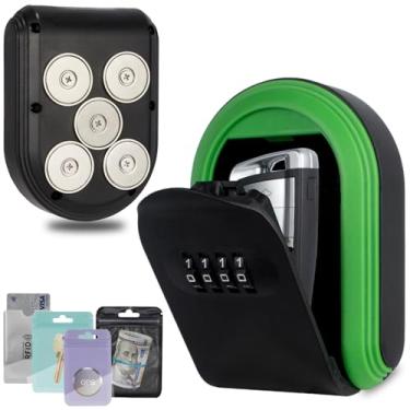 Imagem de Suporte magnético para chaves embaixo do carro, esconda uma chave do lado de fora com caixa de cadeado de combinação, cofre de código de segurança redefinível com 5 ímãs fortes, caixa magnética