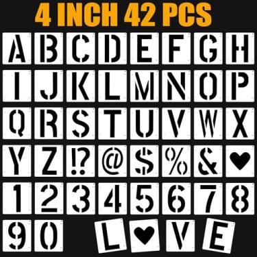 Imagem de 42 peças de estênceis de letras, kit de estênceis de artesanato interligados, modelos de alfabeto de plástico reutilizáveis em madeira, parede, pedra, tecido, placa, projetos de arte DIY (alfabeto