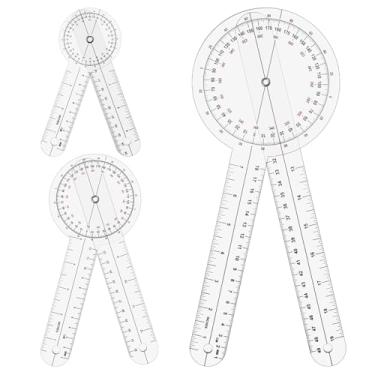 Imagem de 3 peças goniômetro fisioterapia, goniômetro transparente de alta precisão, ferramenta de medição de ângulo de 360 graus portátil dobrável para régua de ângulo de medição de amplitude de movimento