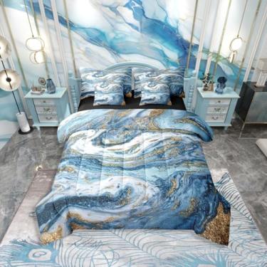 Imagem de Erosebridal Conjunto de edredom King de mármore azul e dourado | Jogo de cama de mármore exótico abstrato em uma bolsa, arte fluida com glitter dourado, conjunto de cama moderno com textura de mármore