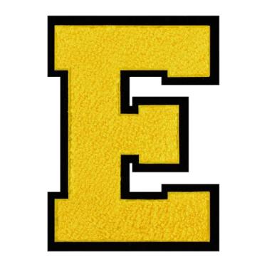 Imagem de 1 PÇ Patch de letra de chenille amarelo de 15 cm com borda preta – Remendos do alfabeto para roupas, jaquetas, mochilas, chapéus para decoração personalizada, nome personalizado e artesanato. (E)