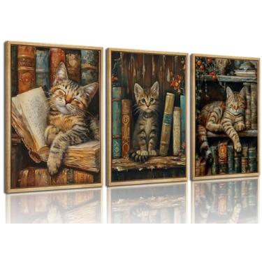 Imagem de 3 peças de arte de parede Sleepy Library Cat The Cats Fell Asleep In The Bookshelf Wall Decor Pictures Bookish Cat Canvas Poster Print for Cafe Bedroom Bookshelf Library Funny Wall Decoration 40 x 61