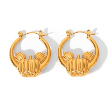Imagem de Brincos de argola pequenos de abóbora fofos para mulheres, aço inoxidável banhado a ouro 18 K, outono outono e feriado de Ação de Graças, brincos grossos e apertados, brincos de gota, joias delicadas