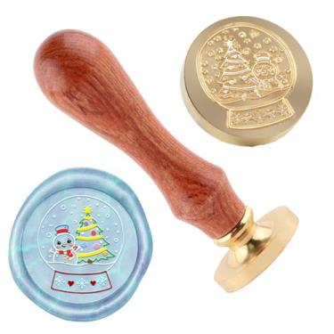 Imagem de Carimbo de lacre de cera de Natal, árvore de Natal, globo de neve, carimbo de latão e uma alça de madeira, carimbos cabeça para cartões de Natal, convites de festa, cartas, envelopes, cartões de