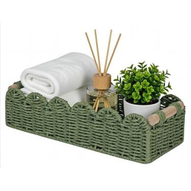 Imagem de Cesta de armazenamento de corda de papel verde com alças de madeira, organizador de tecido à mão de borda recortada para banheiro, vaso sanitário, bancada, cozinha, quarto – Bandeja decorativa de vime