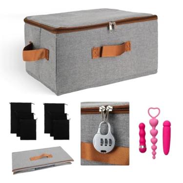 Imagem de Keepatin Caixa de armazenamento de brinquedos para adultos com 6 sacos de cordão, bolsa de armazenamento dobrável e lavável para organização segura e privada 38 x 25 x 15 cm (cinza)