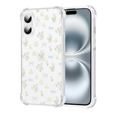 Imagem de FBHGLOA Capa de telefone para iPhone 16 de 6,1 polegadas, linda estética, flores coloridas, design de fita, com quatro cantos, reforçada, à prova de choque, antiamarelamento, capa transparente para