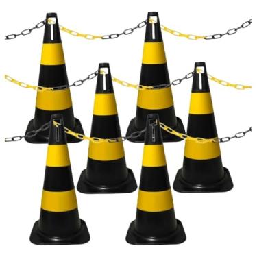 Imagem de Kit 6 Cones de Sinalização 50cm com 6m de Corrente – Demarcação de Área Segurança e Isolamento (Preto/Amarelo)