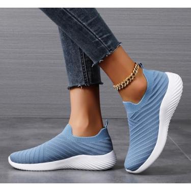 Imagem de Tênis de caminhada feminino, sem cadarço, confortável, antiderrapante, para corrida, tênis de treino, leve, atlético, academia, tênis, Azul, 41