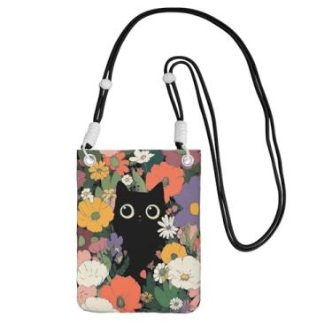 Imagem de LILYDIARY Bolsa transversal para celular para meninas e mulheres, alça preta, material de poliéster, alça de ombro ajustável e destacável. Um lindo gato preto com estampa de arbustos de flores