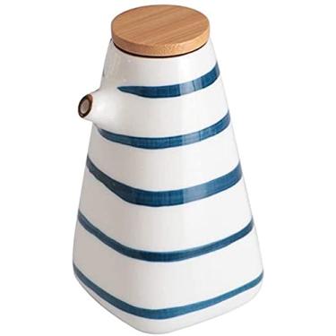 Imagem de 3FLQOOPP Dispensador de azeite de oliva e vinagre, conjunto de garrafas de cerâmica e bico de despejador, decantador de galheteiro com tampa de madeira, recipiente de condimento líquido e design sem