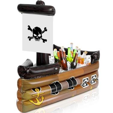 Imagem de Zhanmai Recipiente inflável para bebidas de navio pirata de Halloween, recipiente de comida para decoração de festa de aniversário de pirata de verão (marrom, vívido)