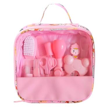 Imagem de Kit de Cuidados para Bebê com 13 Peças, Rosa, Inclui Termômetro Digital, Cortador de Unha, Tesoura, Escova, Pente e Bolsa Organizadora, 21x22cm