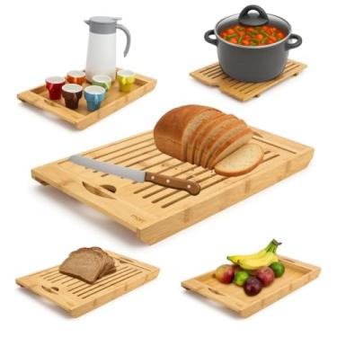 Imagem de Tabua de cozinha Tabua Cortar Pão Migalheira Bambu Corte Pães Bandeja Madeira 22x37x3
