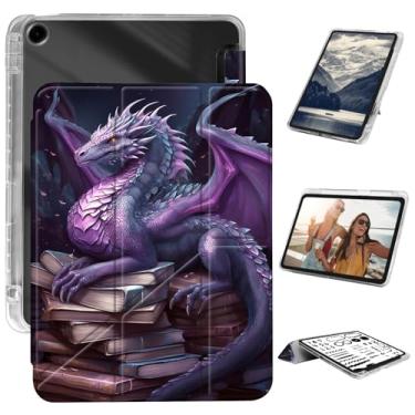 Imagem de Capa para iPad 9ª/8ª/7ª geração, 10,2 polegadas, 2021/2020/2019, porta-lápis embutido, suporte fino com três dobras, capa traseira transparente + capa antiqueda de couro PU durável, livro dragão roxo