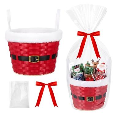 Imagem de Threehoney Conjunto de cestas vazias de presente de Natal de 22 x 18 cm, cestas de presente de bambu para encher com cinto de Natal para suprimentos de aniversário de Natal (cinto de Natal, vermelho