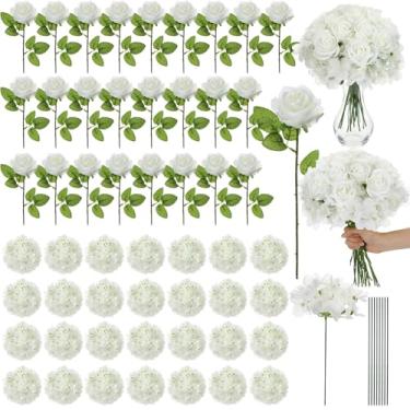 Imagem de Havawish 60 flores artificiais de hortênsia falsas com hastes, 30 hortênsias artificiais 30 rosas falsas, buquê de flores brancas falsas realistas para decorações de jardim de casamento