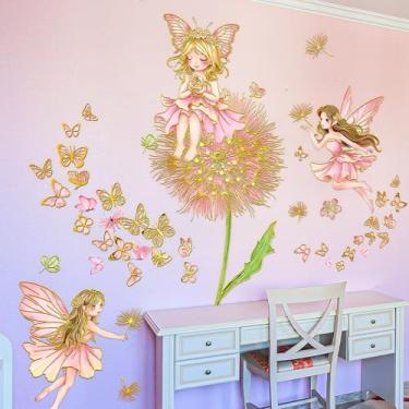 Imagem de Adesivos de parede borboleta de fada dente-de-leão, decalques florais de processo de folha dourada, murais para quarto de meninas, berçário