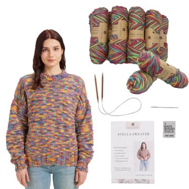 Imagem de Chic Loops Kit de tricô para iniciantes, kit de crochê para adultos, suéter listrado colorido aconchegante para mulheres com instruções (flor vistosa, SA)
