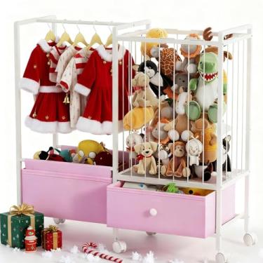 Imagem de Orekemo Armazenamento de animais de pelúcia com rodas, rede 3 em 1 para animais de pelúcia com rack de roupas infantis e organizador de brinquedos, suporte de brinquedo de pelúcia com gaveta de tecido