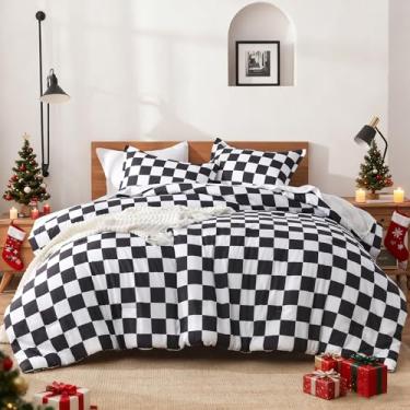 Imagem de Andency Jogo de cama de casal xadrez (199 x 230 cm), preto e branco, xadrez, búfalo, buffalo, para meninos e adolescentes, 3 peças, roupa de cama leve de microfibra geométrica