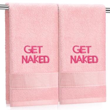 Imagem de Tingjoo 2 peças de toalhas de mão rosa Get Naked 100% algodão bordado banheiro toalha rosa presentes decorativos modernos de inauguração de casa, decoração de banheiro engraçada 73 x 33 centímetros