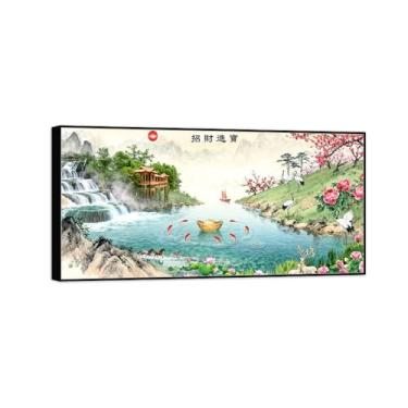 Imagem de Chinoiserie Arte de parede paisagem imagem em tela - rio flores do lago peixe - pintura chinesa - impressões de moldura preta para decoração de casa 50 x 100 cm 20 x 39 pol