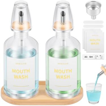 Imagem de Dispensador de enxaguante bucal de vidro de 350 ml para banheiro, garrafa decantadora de enxaguante bucal antiderrapante reutilizável com bicos de aço Stianless, bandeja de bambu, funil e adesivo