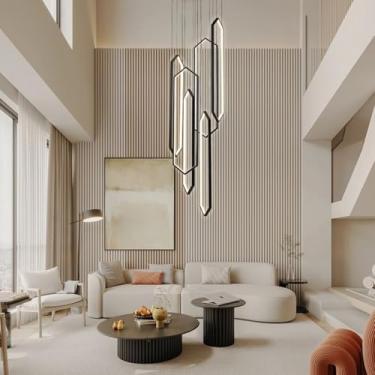 Imagem de Lustre LED moderno dourado, luminária pendente grande de alumínio para tetos altos, com controle remoto, 6 lâmpadas, ideal para escadas, hall de entrada, sala de estar e hall de entrada de c