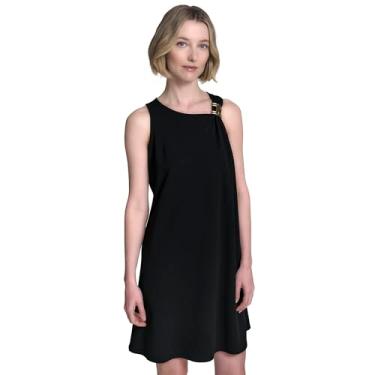 Imagem de H Halston Vestido feminino sem mangas assimétrico decote curto com detalhes de ferragens, Preto, 46
