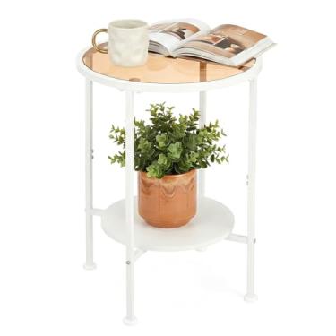 Imagem de ZEXVIDA Mesa lateral de vidro temperado com prateleira de armazenamento para espaços pequenos, mesa de canto redonda de vidro de 41 cm, mesa lateral pequena com armazenamento para sala de estar, mesa