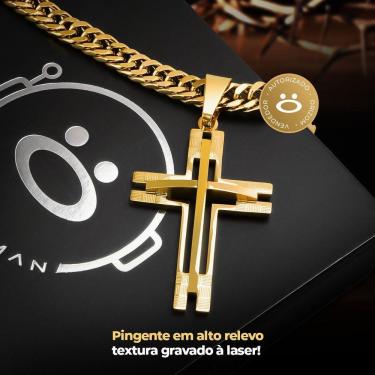 Imagem de Relogio Masculino Banhado Ouro Aço + Crucifixo + Pulseira Presente Original Qualidade Premium Grande