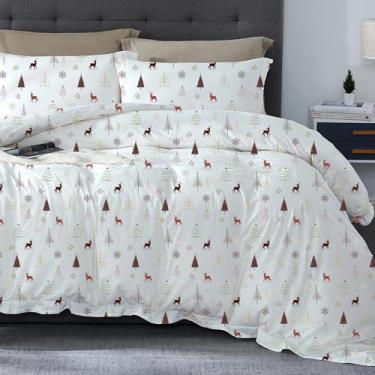 Imagem de SLEEP-NEST Conjunto de capa de edredom de Natal Super King tamanho 108 x 98 luxuoso tema de Natal 100% algodão egípcio Feliz Natal árvore rena padrão decorativo conjunto de capa de edredom de 3 peças