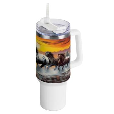 Imagem de Kigai Copo para cavalos de corrida de 1,134 g com tampa e canudo, copo isolado de aço inoxidável durável à prova de vazamento com alça, garrafas de água à prova de derramamento para viagens