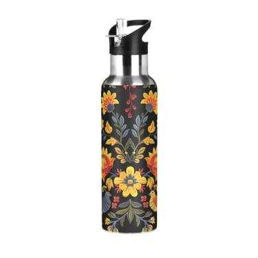 Imagem de Wassud Garrafa de água ornamentada bordada de aço inoxidável esportiva com canudo garrafas de água isoladas copo portátil de viagem 623 g