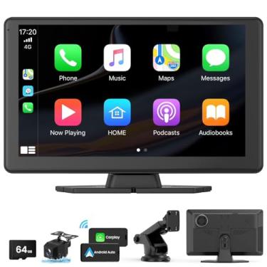 Imagem de Carplay sem fio com câmera veicular 4K, tela portátil de 23 cm para carro, Apple Carplay e rádio via satélite automotivo Android com câmera de backup 1080p, navegação GPS/link espelhado/controle de
