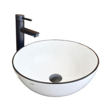 Imagem de Cuba para Banheiro Cerâmica Branca e Preto Redonda 36cm Reno RC 172
