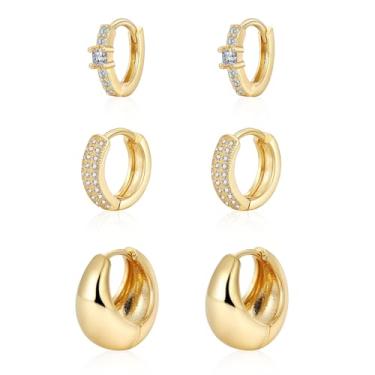 Imagem de Conjunto de brincos de argola de ouro para mulheres modernos, banhados a ouro 14K, leves, pequenos, brincos de argola para mulheres, brincos de argola grossa para mulheres, joias para mulheres, Latão,