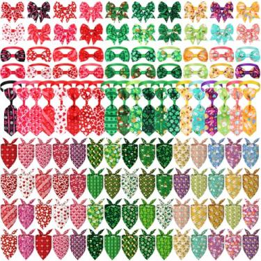 Imagem de Reginary Conjunto de 120 bandanas para cães de Páscoa Dia dos Namorados Dia de São Patrício em massa gravata borboleta lenço de gato colorido lavável triângulo lenço fofo babador para animais de