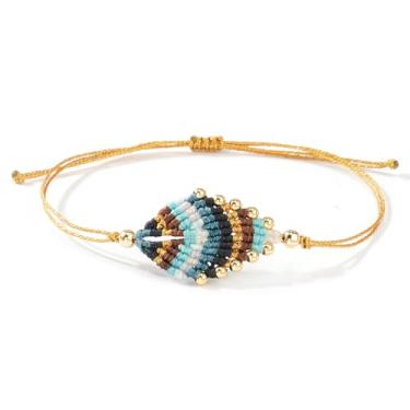 Imagem de EQUBIO Pulseira de corda de cera de macramê de folha com contas de cobre douradas, pulseira de ouro Boho ajustável trançada natureza em tons de azul turquesa para mulheres e homens