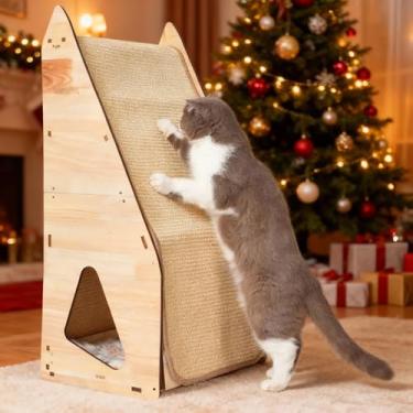Imagem de FIVLOCCEN Poste Arranhador para Gatos: Arranhador de Sisal Moderno para Gatos e Moldura de Madeira, Bloco Integrado para Arranhar Gatos Pós-Túnel de Condomínio. Economia de Espaço