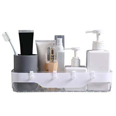 Imagem de Prateleira de Banheiro com Ganchos Montada na Parede Porta-Recipientes Chuveiro Sem Perfuração Autoadesivo Cesto Armazenamento Organizador Shampoo e Itens Toalete Fundo Furado Espaço-Salvando Grande C