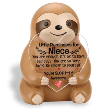 Imagem de CWGOTC Presente de preguiça para sobrinha de tia tio, linda estatueta de preguiça de resina com mensagem positiva de coração, aniversário, Natal, volta às aulas, decoração de mesa de incentivo para